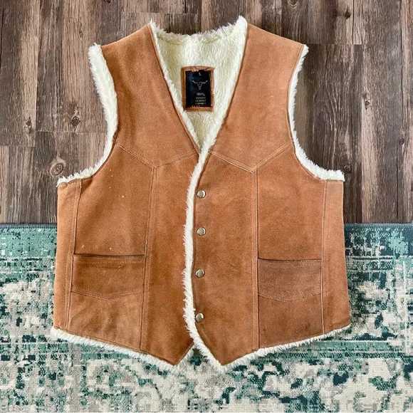 Vintage Caramel Brown Suede Leather Vest Cream Sherpa Lining Large Western - Picture 1 of 11